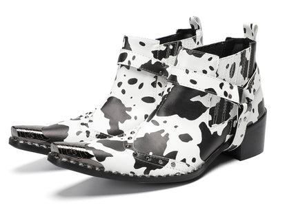 Mens Cow Print Harness Strap Ankle Western Chelsea Boots
