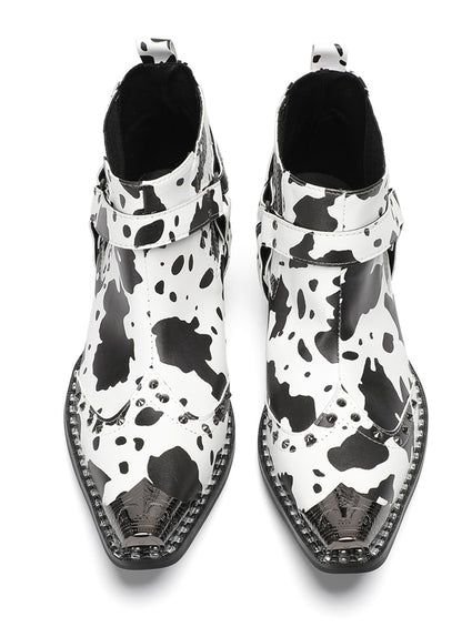 Mens Cow Print Harness Strap Ankle Western Chelsea Boots