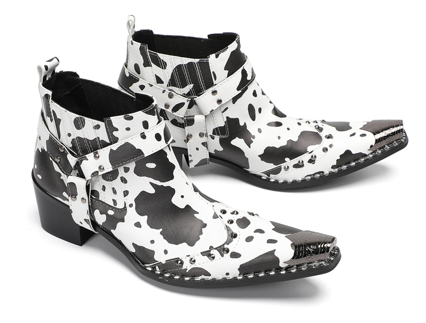 Mens Cow Print Harness Strap Ankle Western Chelsea Boots