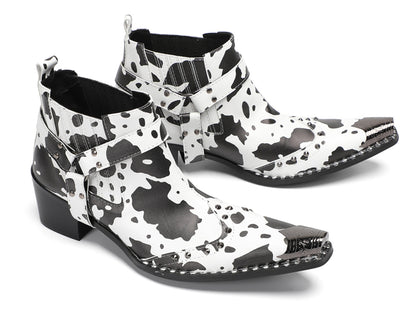 Mens Cow Print Harness Strap Ankle Western Chelsea Boots
