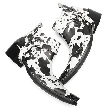 Mens Cow Print Harness Strap Ankle Western Chelsea Boots