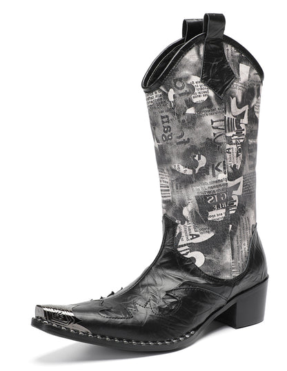 Mens Newspaper Print Shaft Tall Mid-Calf Pull-On Western Cowboy Boots