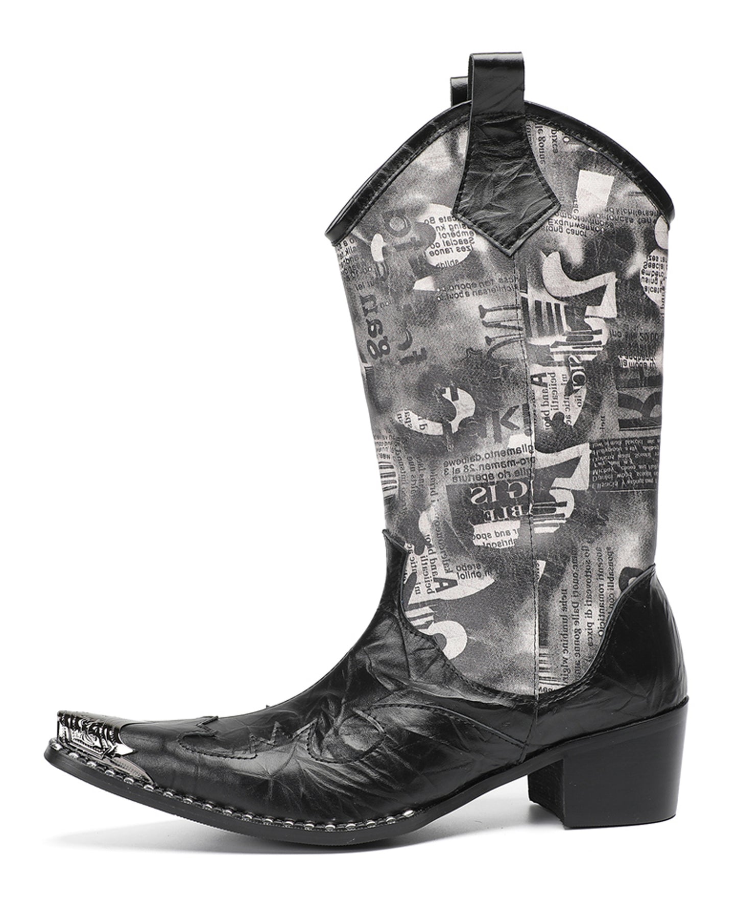Mens Newspaper Print Shaft Tall Mid-Calf Pull-On Western Cowboy Boots