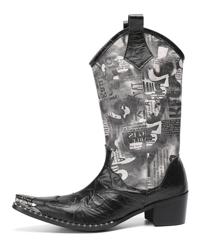 Mens Newspaper Print Shaft Tall Mid-Calf Pull-On Western Cowboy Boots
