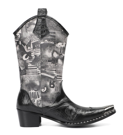 Mens Newspaper Print Shaft Tall Mid-Calf Pull-On Western Cowboy Boots