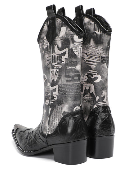 Mens Newspaper Print Shaft Tall Mid-Calf Pull-On Western Cowboy Boots