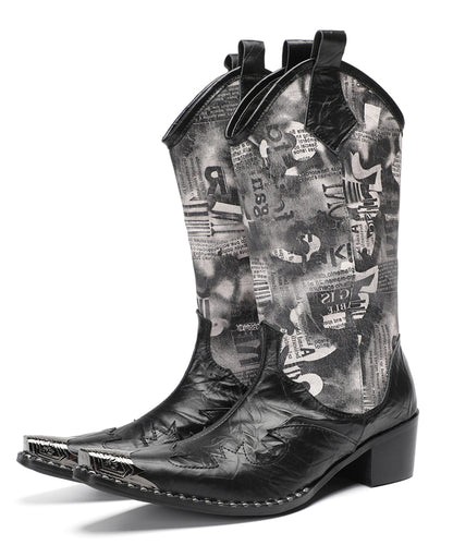 Mens Newspaper Print Shaft Tall Mid-Calf Pull-On Western Cowboy Boots