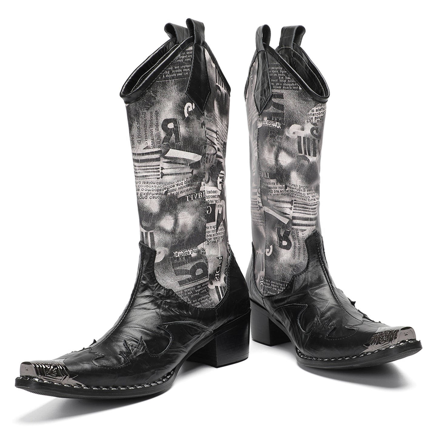 Mens Newspaper Print Shaft Tall Mid-Calf Pull-On Western Cowboy Boots