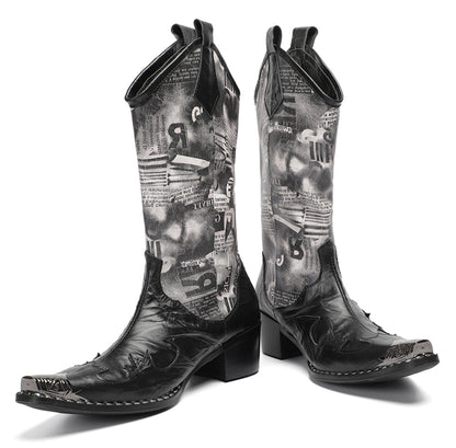 Mens Newspaper Print Shaft Tall Mid-Calf Pull-On Western Cowboy Boots