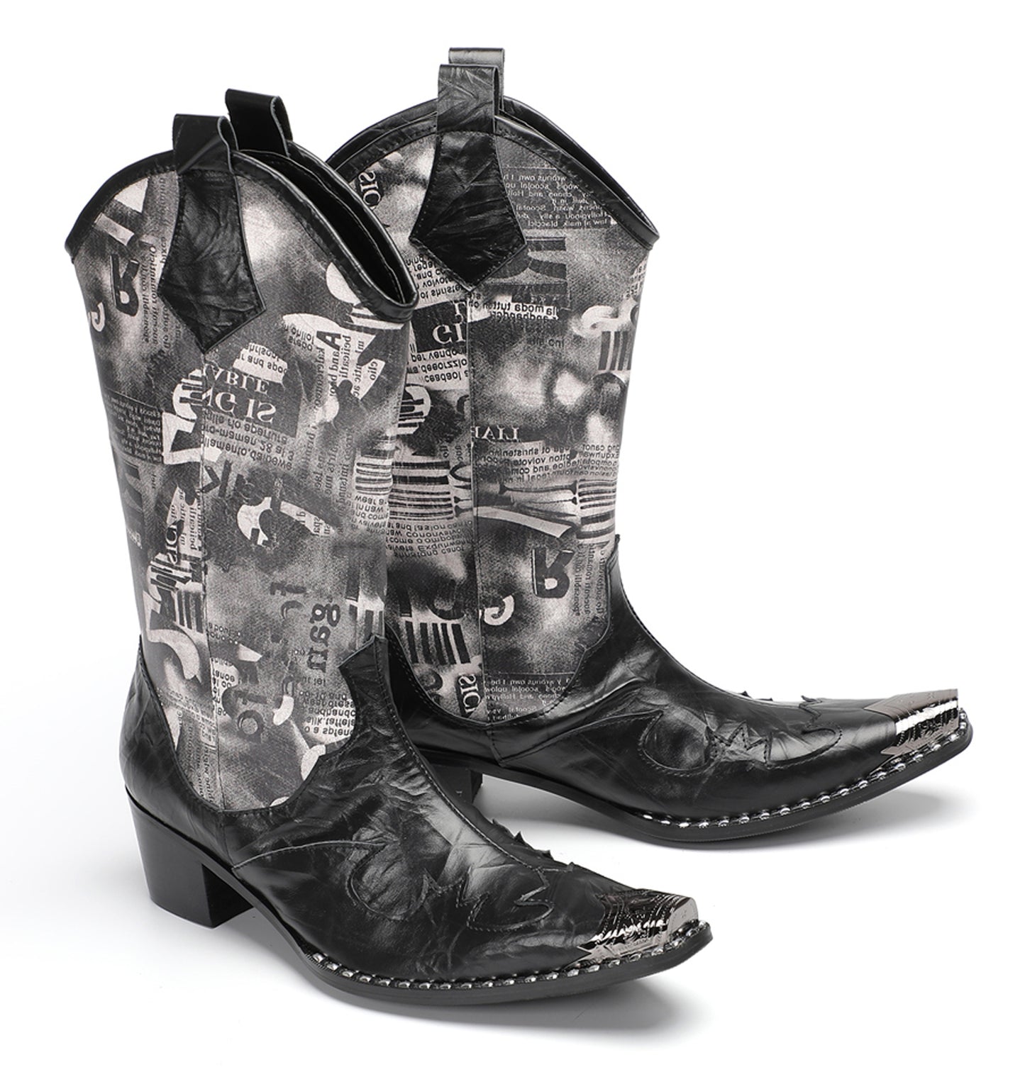 Mens Newspaper Print Shaft Tall Mid-Calf Pull-On Western Cowboy Boots