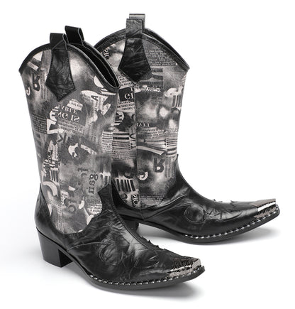 Mens Newspaper Print Shaft Tall Mid-Calf Pull-On Western Cowboy Boots