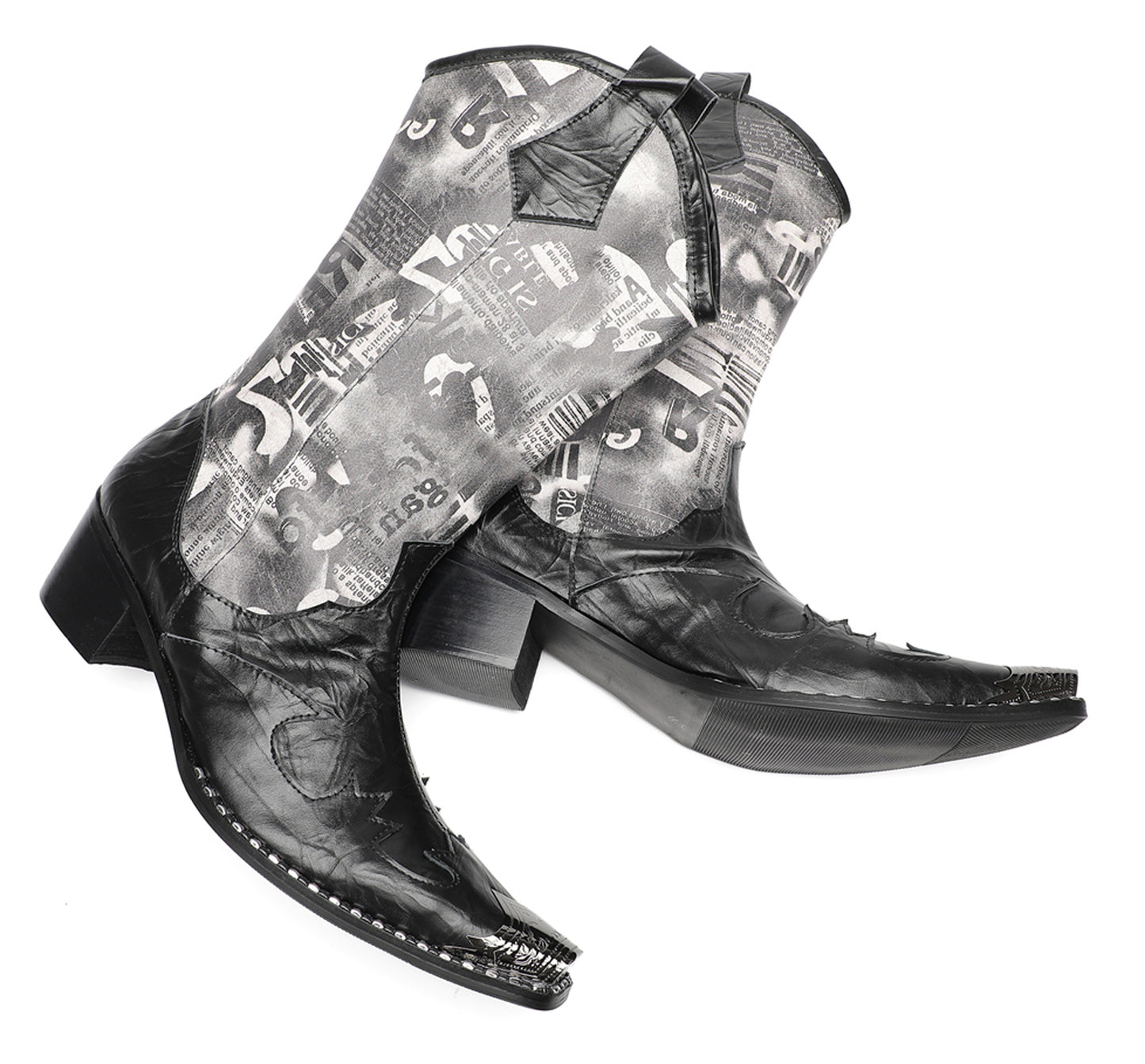 Mens Newspaper Print Shaft Tall Mid-Calf Pull-On Western Cowboy Boots