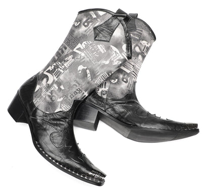 Mens Newspaper Print Shaft Tall Mid-Calf Pull-On Western Cowboy Boots