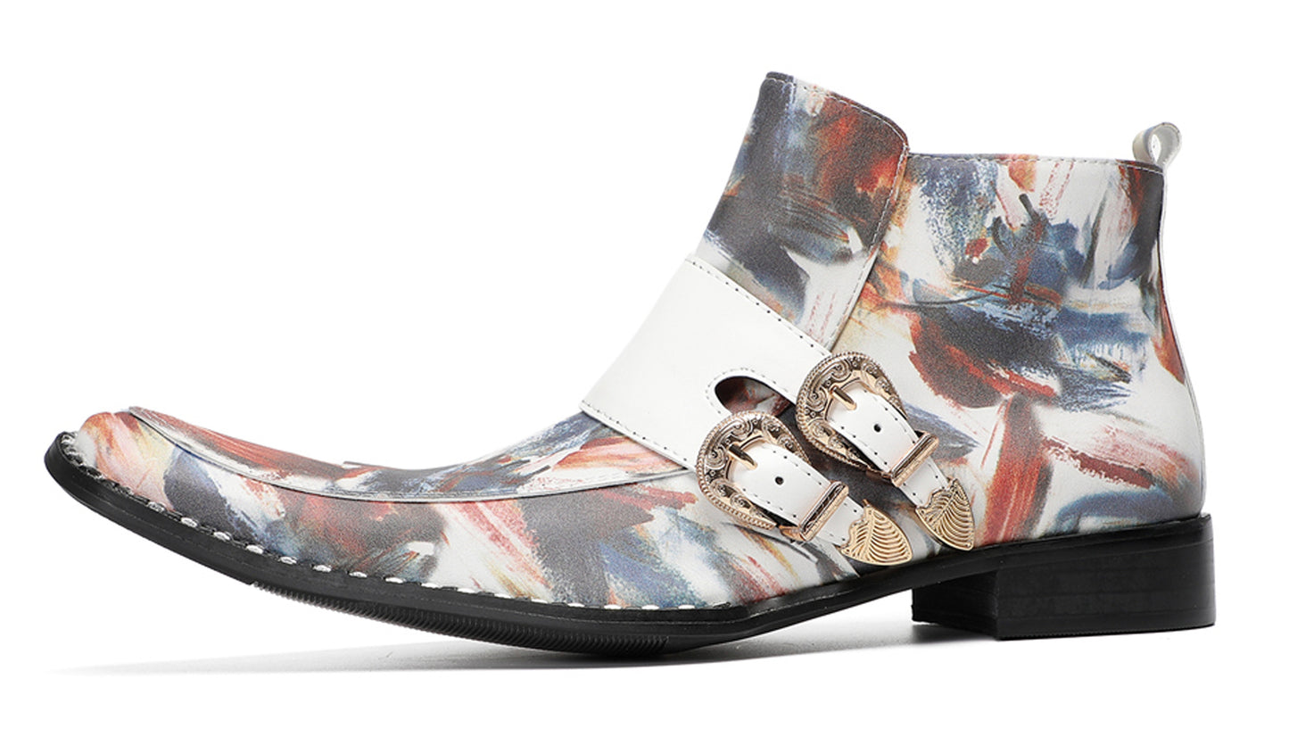 Mens Multicolor Abstract Print Dress Jodhpur Ankles Boots