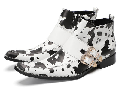 Mens Cow Print Double Buckle Strap Ankles Boots
