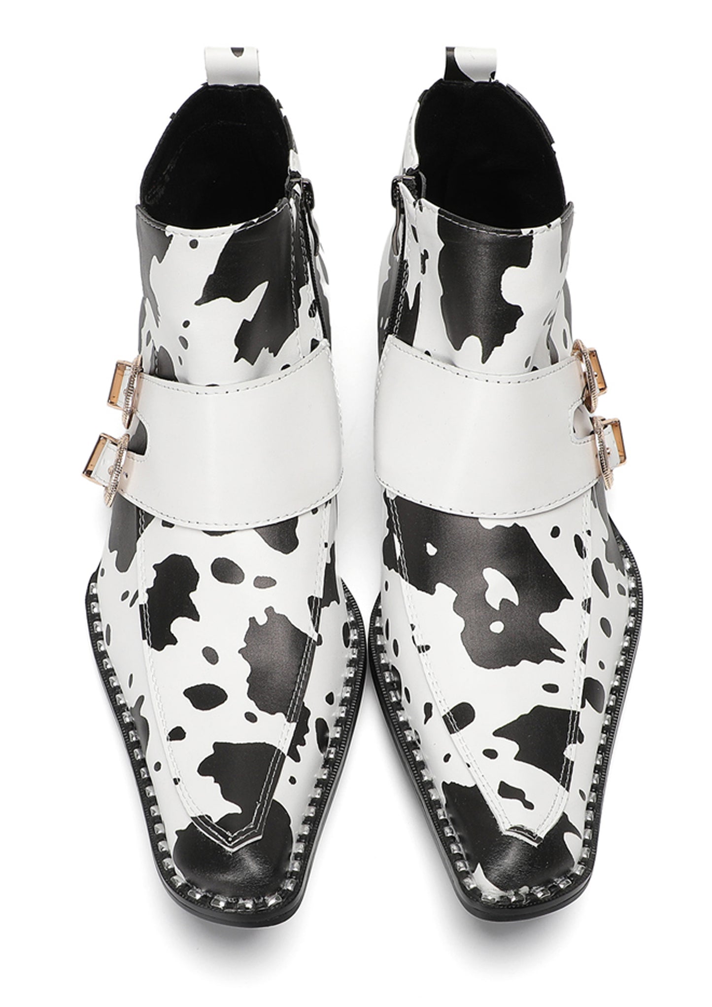 Mens Cow Print Double Buckle Strap Ankles Boots