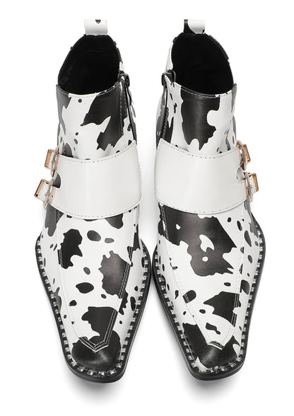 Mens Cow Print Double Buckle Strap Ankles Boots