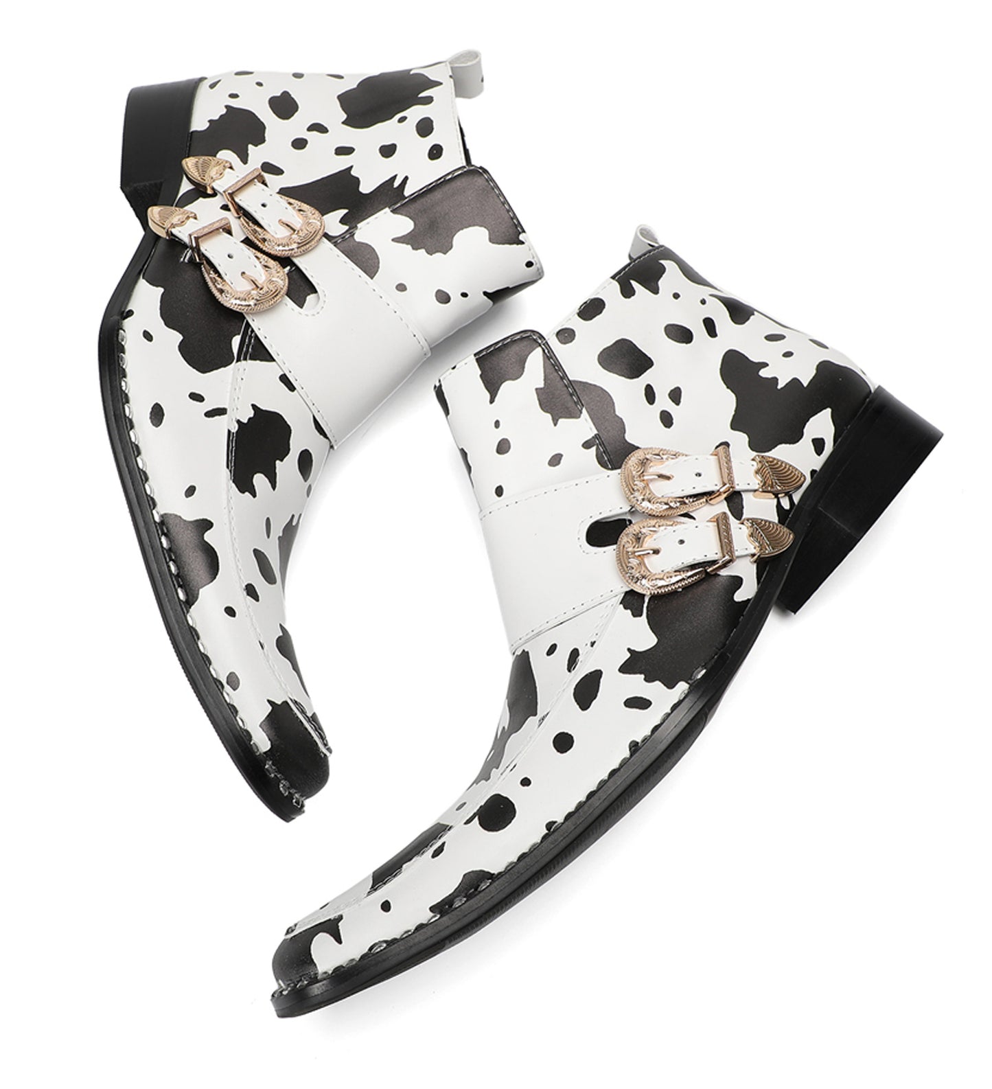 Mens Cow Print Double Buckle Strap Ankles Boots