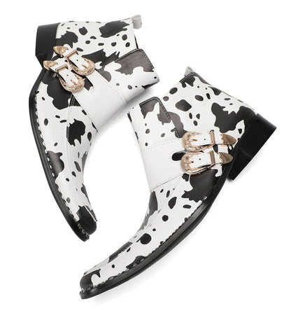 Mens Cow Print Double Buckle Strap Ankles Boots
