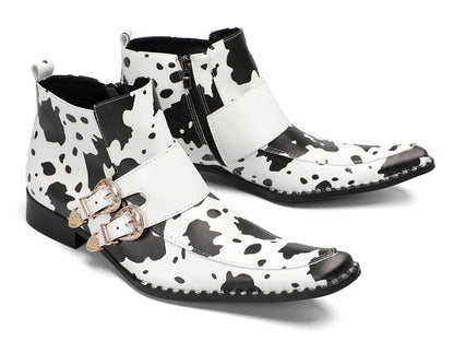 Mens Cow Print Double Buckle Strap Ankles Boots