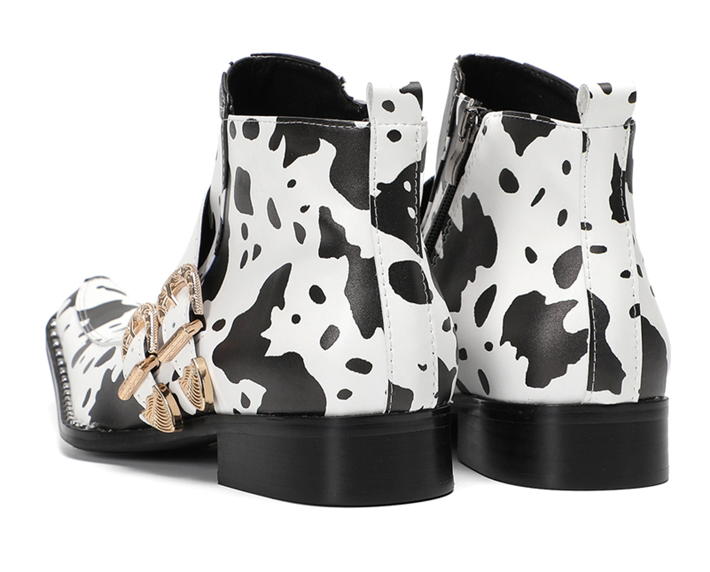 Mens Cow Print Double Buckle Strap Ankles Boots
