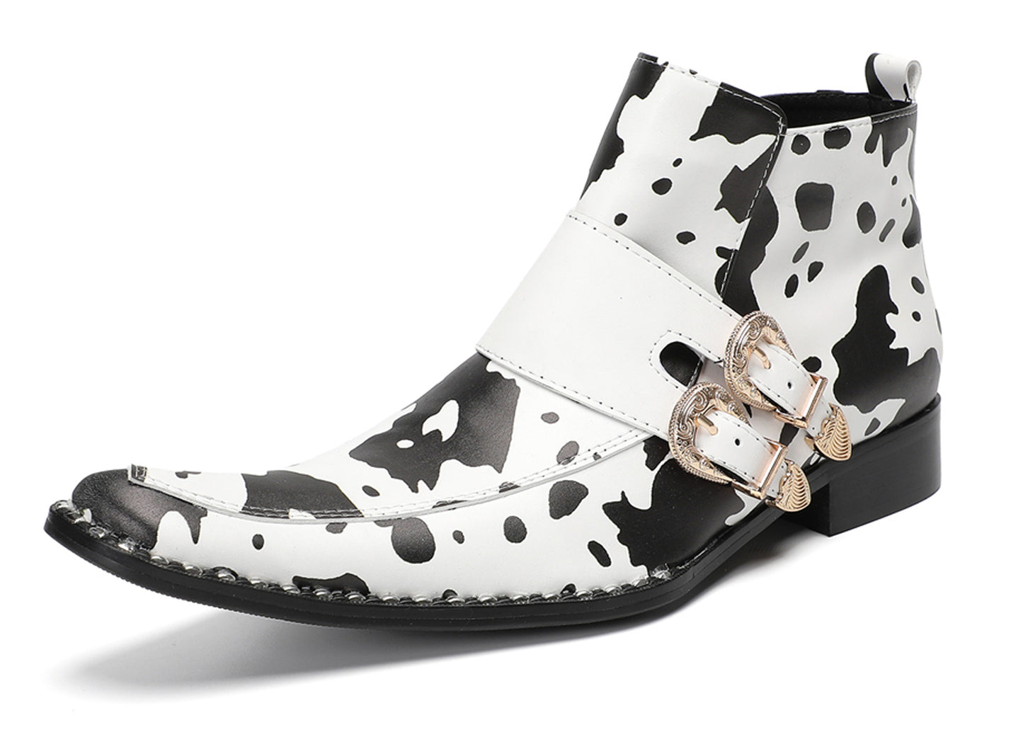 Mens Cow Print Double Buckle Strap Ankles Boots