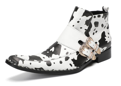 Mens Cow Print Double Buckle Strap Ankles Boots
