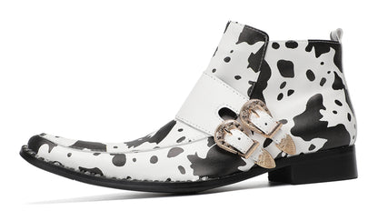 Mens Cow Print Double Buckle Strap Ankles Boots