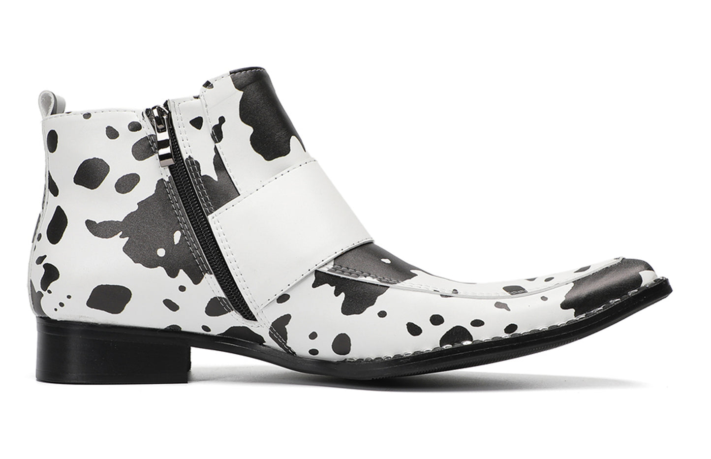 Mens Cow Print Double Buckle Strap Ankles Boots