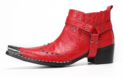 Mens Crocodile Embossed Harness Strap Dress Ankles Western Chelsea Boots