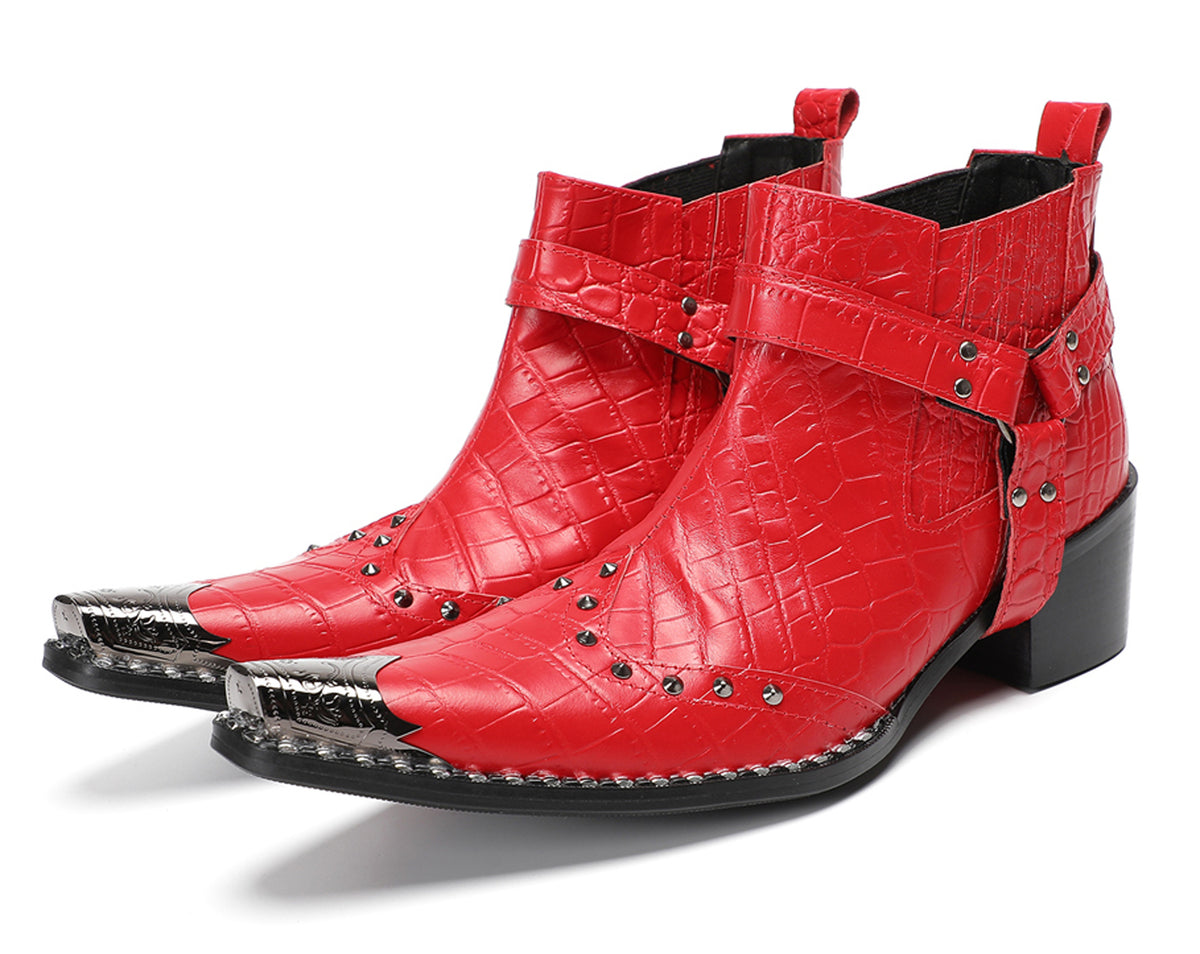 Mens Crocodile Embossed Harness Strap Dress Ankles Western Chelsea Boots