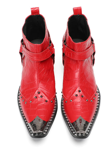 Mens Crocodile Embossed Harness Strap Dress Ankles Western Chelsea Boots