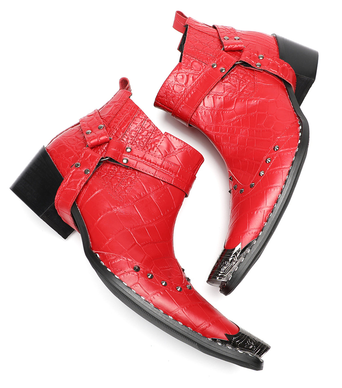 Mens Crocodile Embossed Harness Strap Dress Ankles Western Chelsea Boots