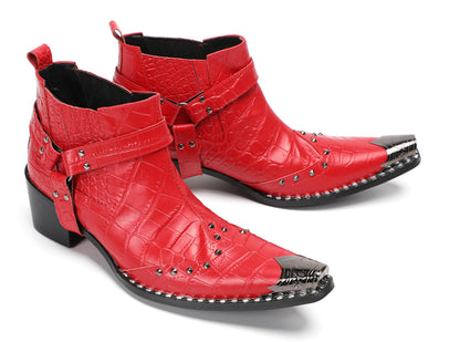 Mens Crocodile Embossed Harness Strap Dress Ankles Western Chelsea Boots