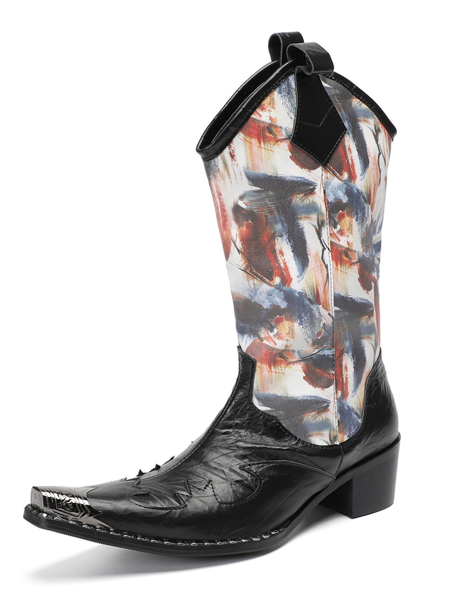 Mens Abstract Print Black Embossed Leather Vamp Pull-On Western Cowboy Boots