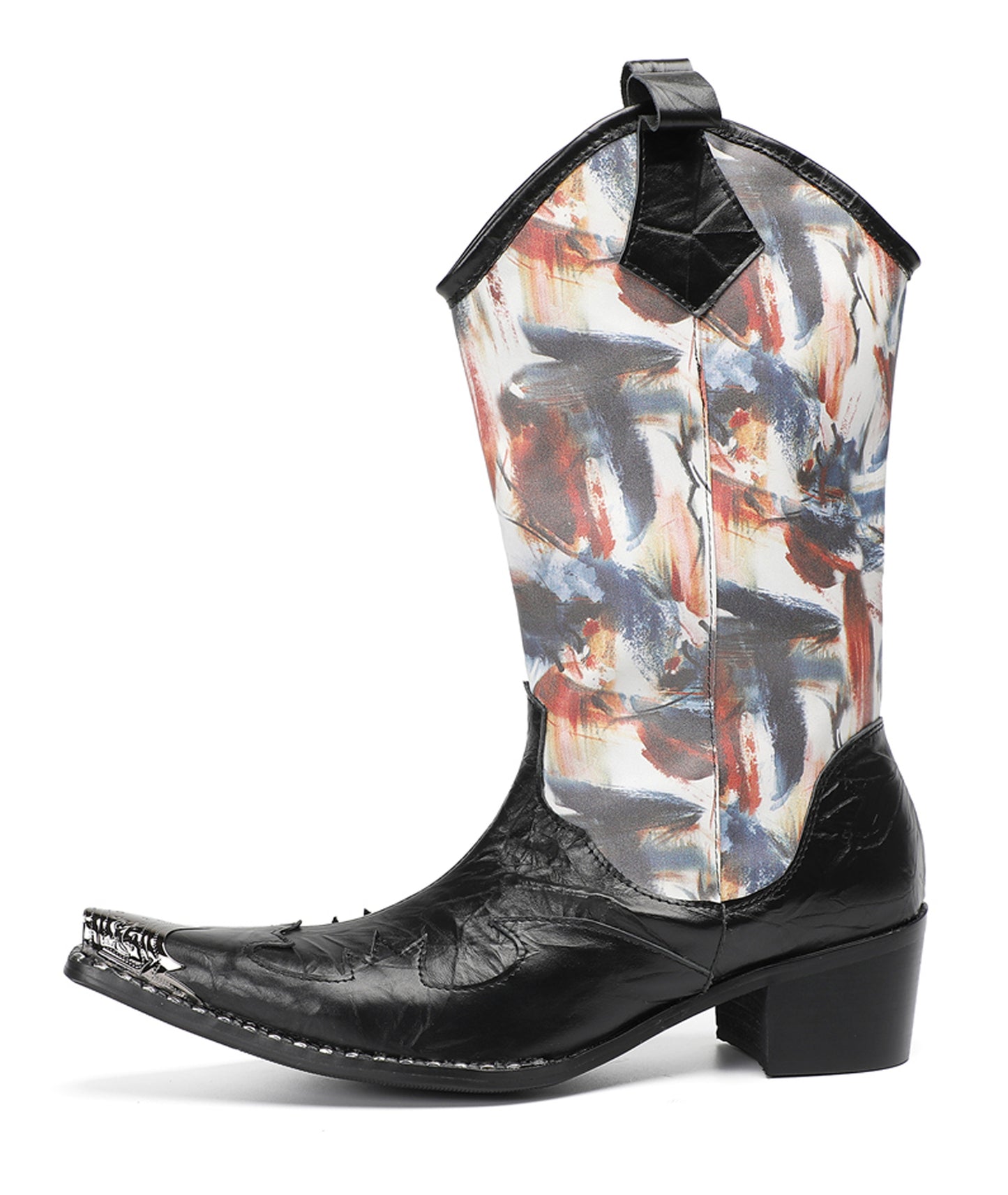 Mens Abstract Print Black Embossed Leather Vamp Pull-On Western Cowboy Boots