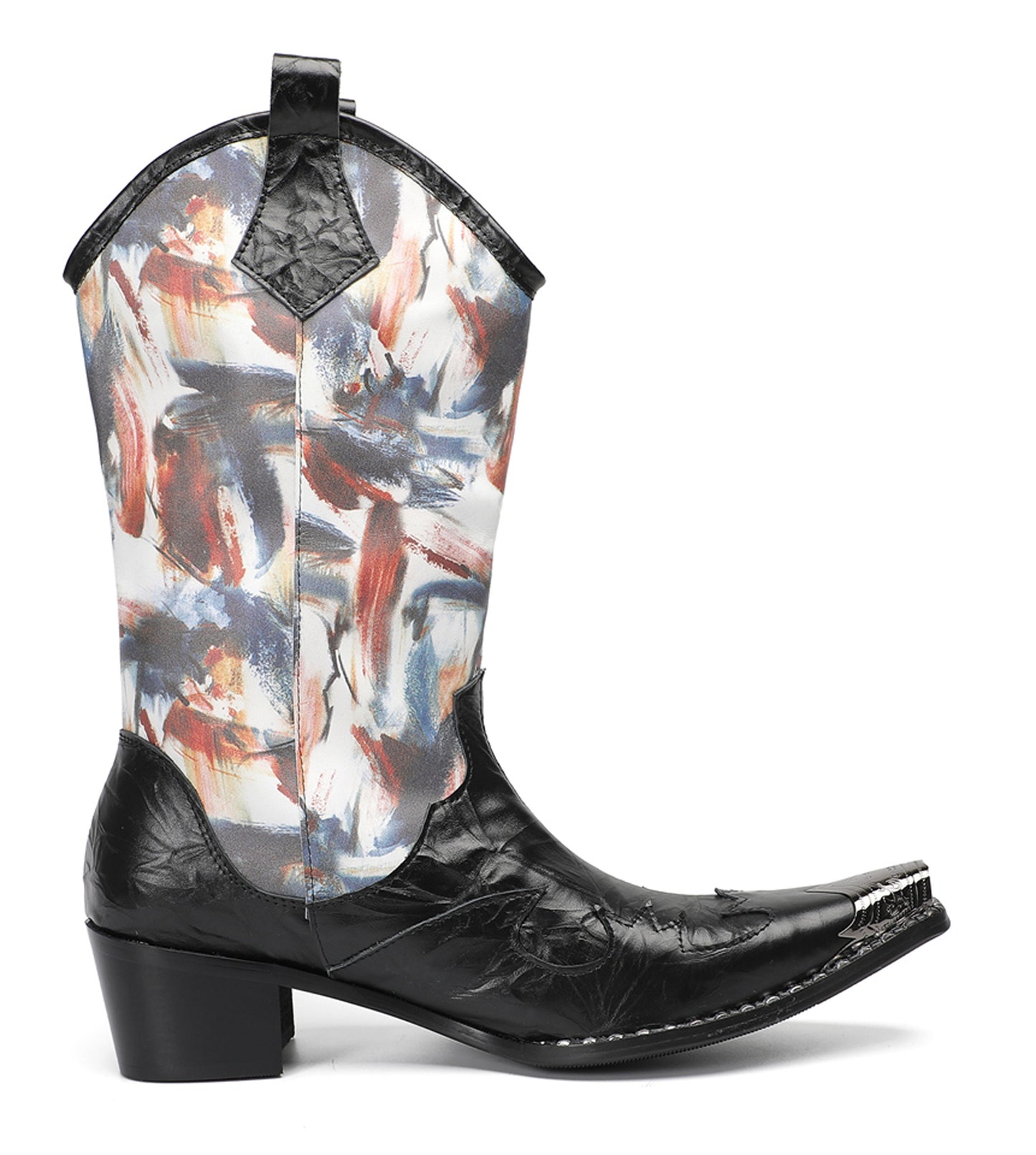 Mens Abstract Print Black Embossed Leather Vamp Pull-On Western Cowboy Boots