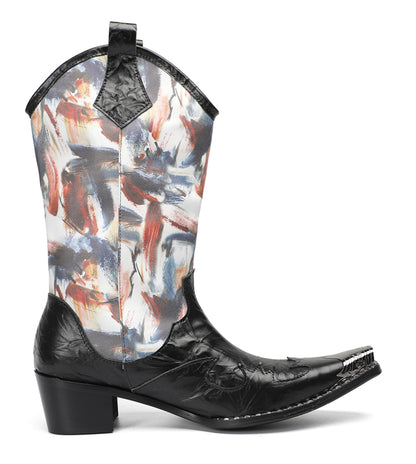 Mens Abstract Print Black Embossed Leather Vamp Pull-On Western Cowboy Boots
