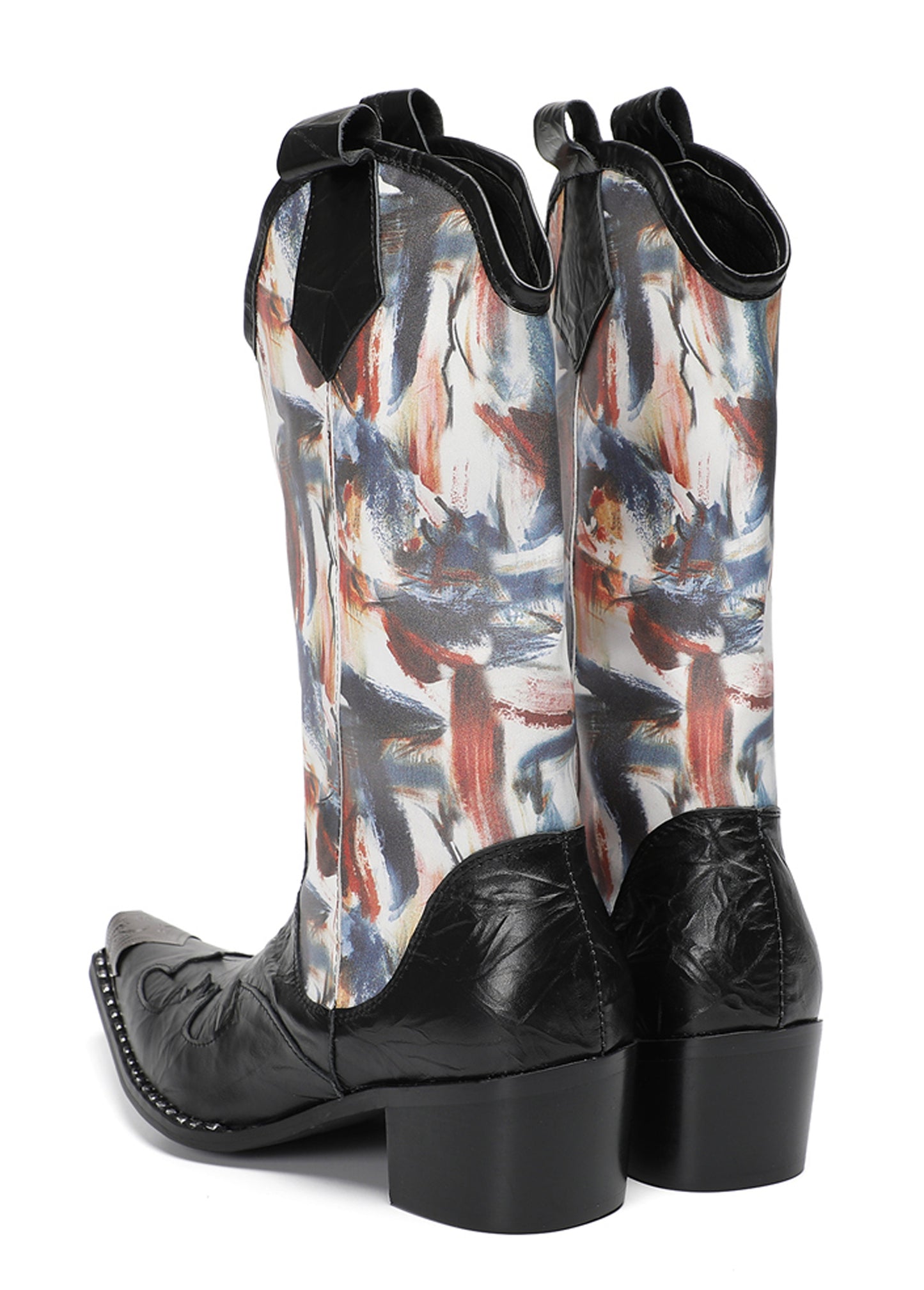 Mens Abstract Print Black Embossed Leather Vamp Pull-On Western Cowboy Boots