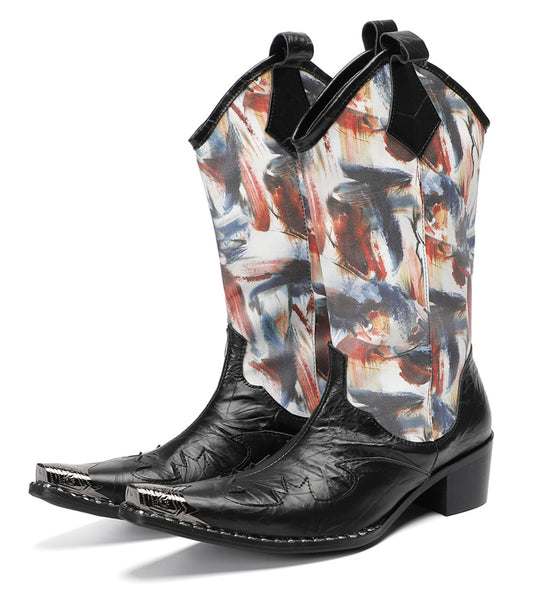 Mens Abstract Print Black Embossed Leather Vamp Pull-On Western Cowboy Boots