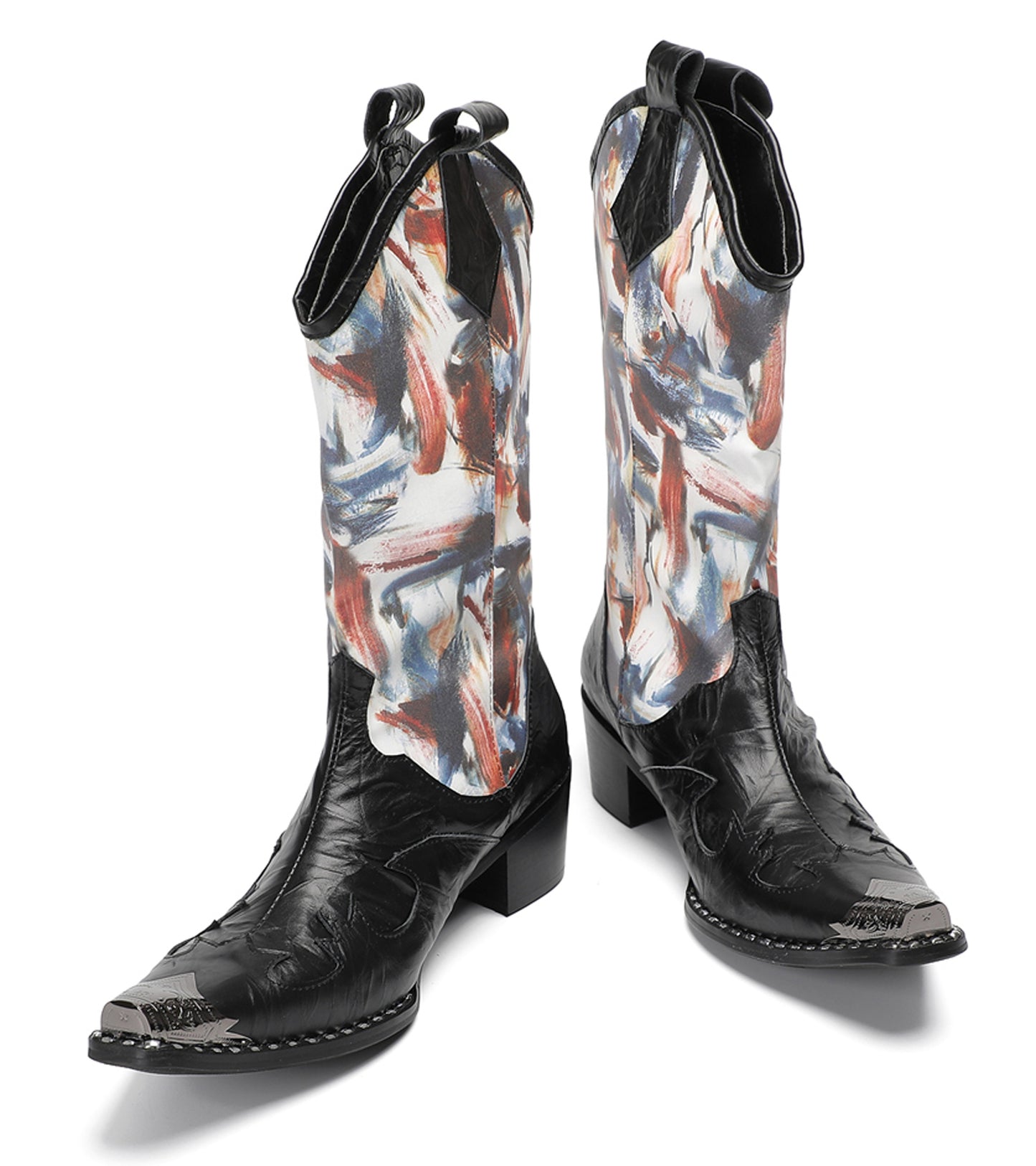 Mens Abstract Print Black Embossed Leather Vamp Pull-On Western Cowboy Boots