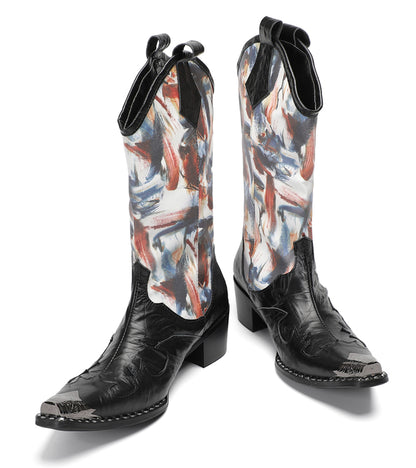 Mens Abstract Print Black Embossed Leather Vamp Pull-On Western Cowboy Boots