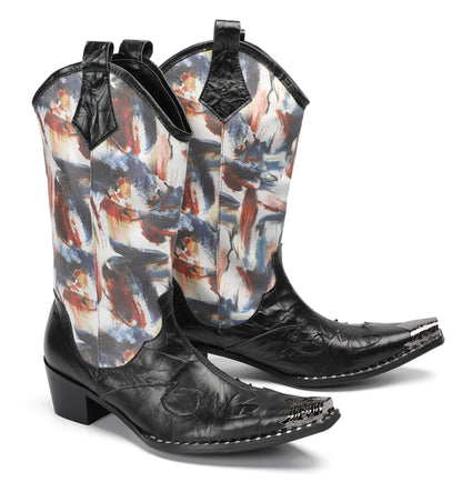Mens Abstract Print Black Embossed Leather Vamp Pull-On Western Cowboy Boots