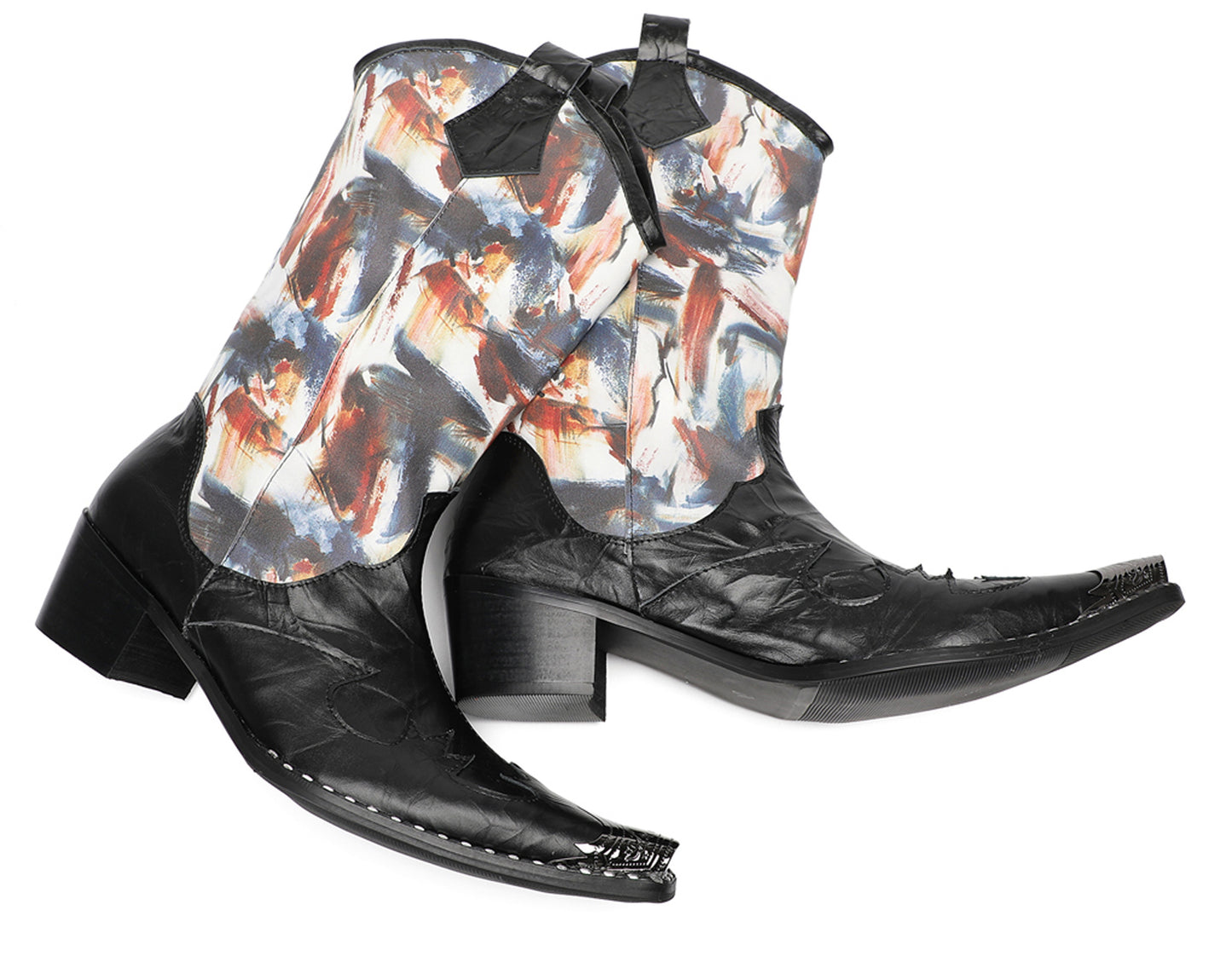 Mens Abstract Print Black Embossed Leather Vamp Pull-On Western Cowboy Boots