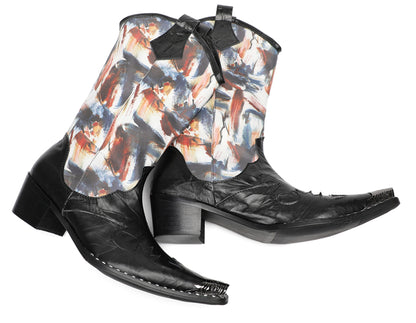 Mens Abstract Print Black Embossed Leather Vamp Pull-On Western Cowboy Boots