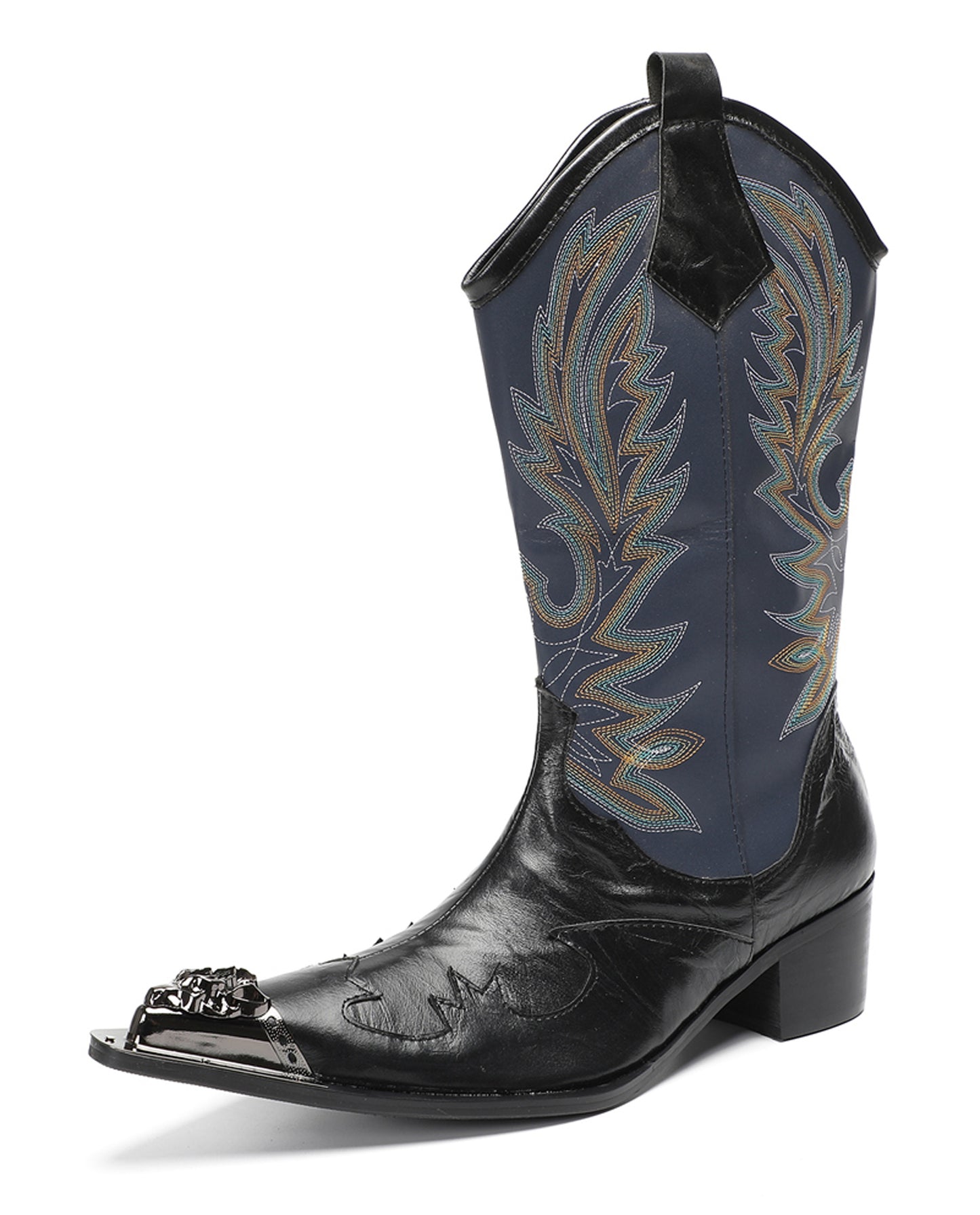 Mens Navy Embroidered Pull-On Tabs Mid-Calf Shaft Western Cowboy Boots