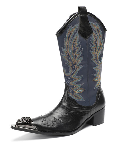 Mens Navy Embroidered Pull-On Tabs Mid-Calf Shaft Western Cowboy Boots