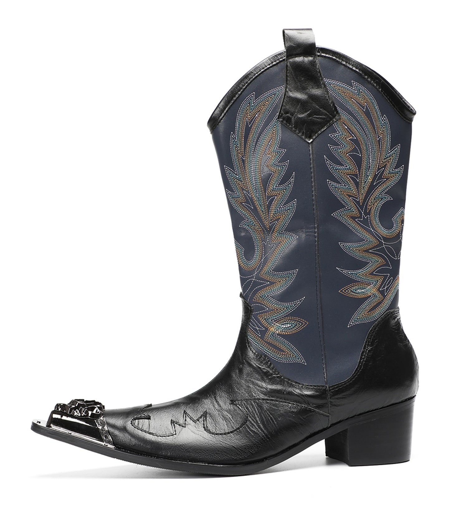 Mens Navy Embroidered Pull-On Tabs Mid-Calf Shaft Western Cowboy Boots