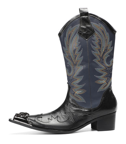 Mens Navy Embroidered Pull-On Tabs Mid-Calf Shaft Western Cowboy Boots