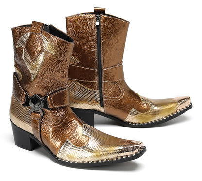 Mens Top-Grain Leather High Top Western Cowboy Boots